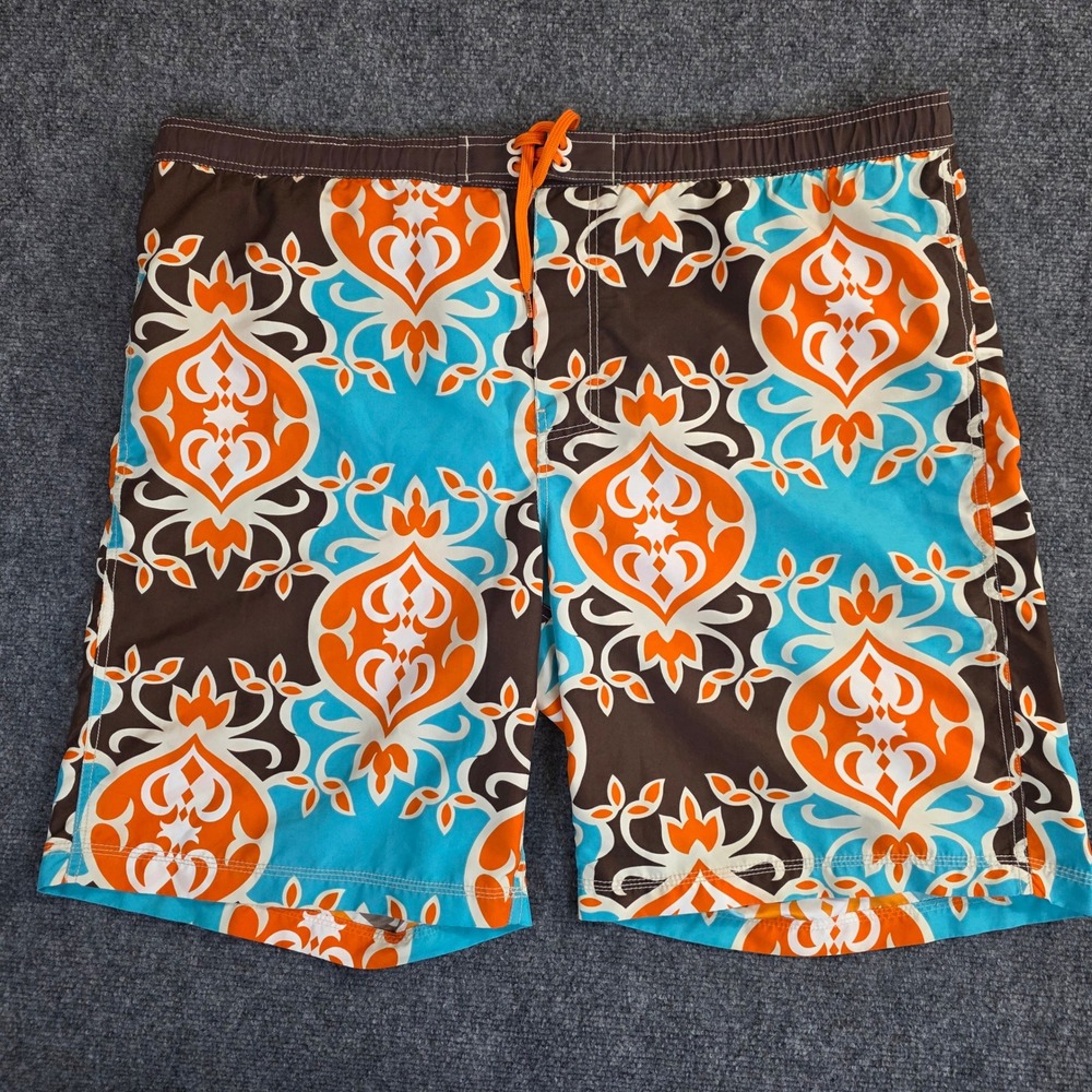 Tommy Hilfiger Swim Trunks Mens XL Brown Orange Blue Lined Hawaiian Board Shorts
